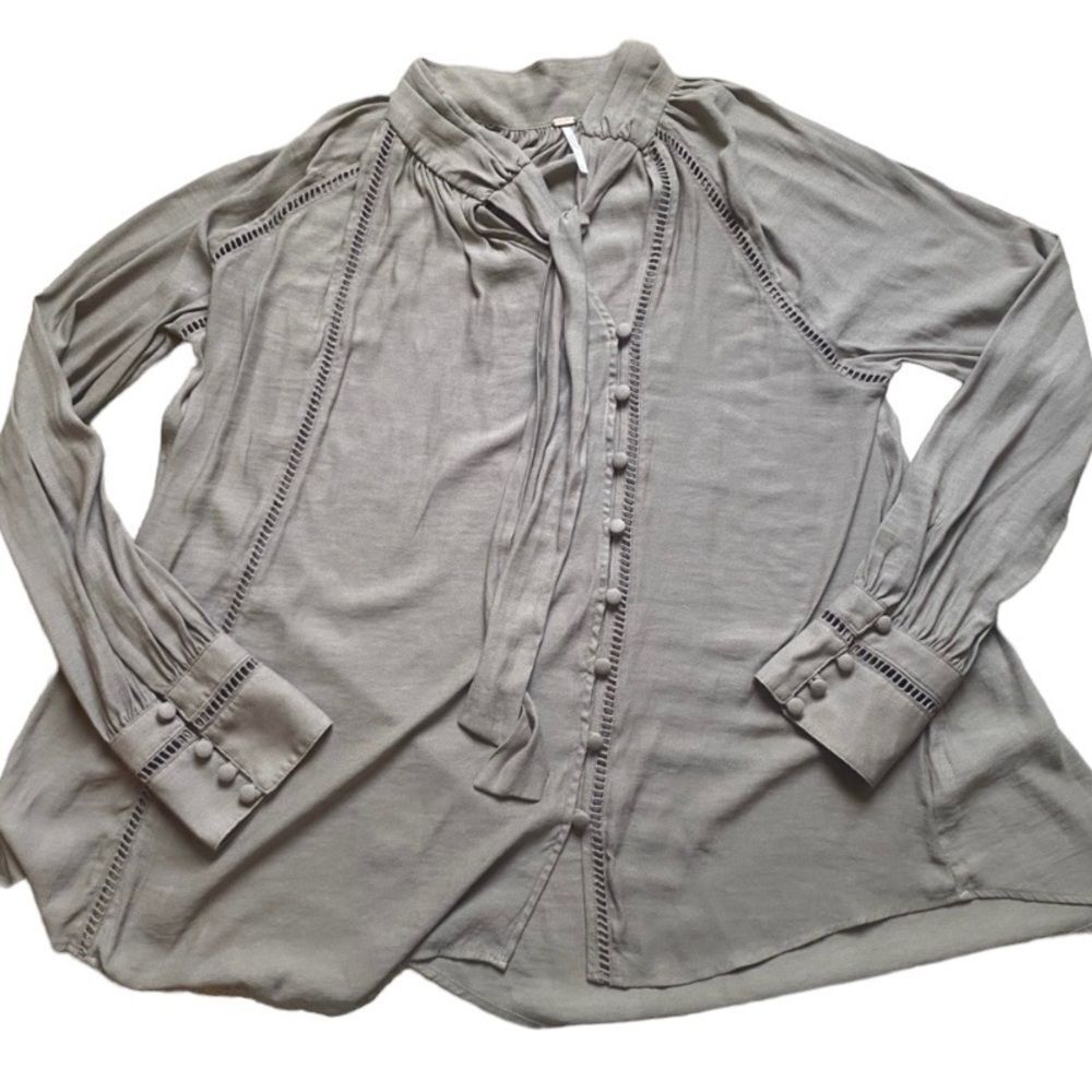 Free People Light Taupe Button Front Tie Neck Blouse